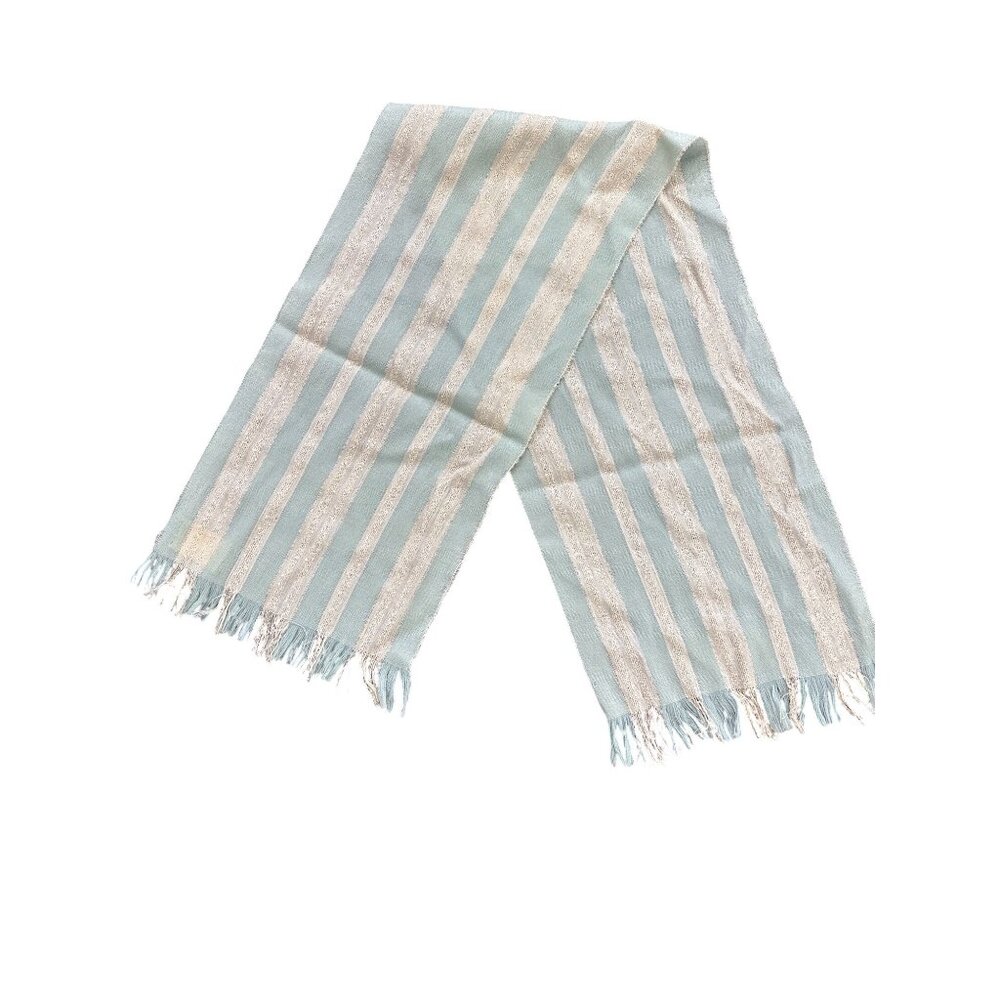 Vintage Keith Haywood Handwoven Silk & Wool Scarf Blue & White Stripes Fringe De